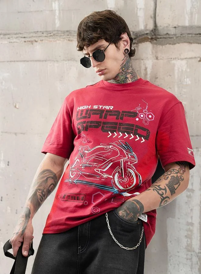 هاي ستار تي شيرت قطن مطبوع برسومات موتو ريسر بياقة دائرية وأكمام قصيرة بقصة مريحة